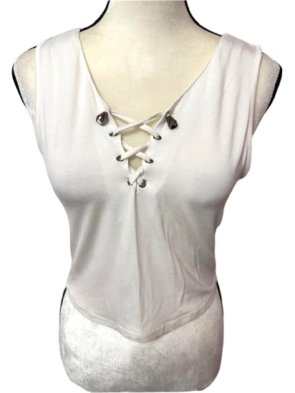 2/$30 POL Lace-Up V‑Neck Sleeveless White Crop Tank Top Sz. M #2418